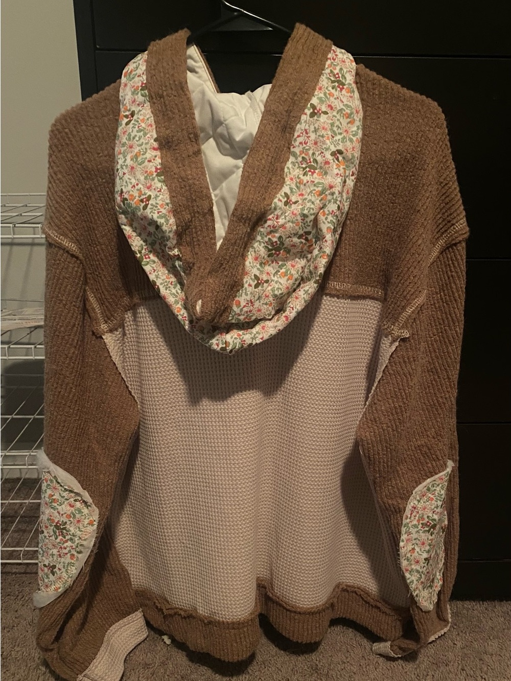 POL Patchwork Hooded Bomber Jacket in Brown and Cream - Picture 2 of 4